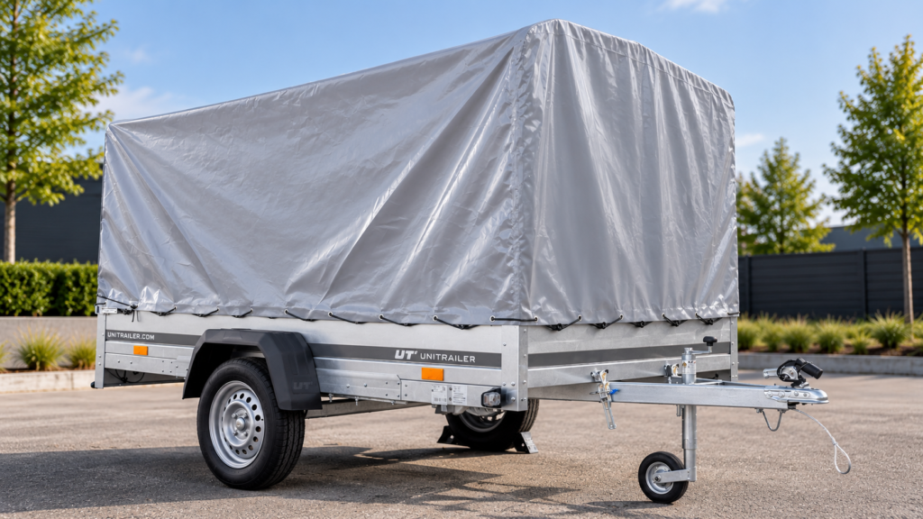 Aanhangwagen met grijze huif van DG Trailers, geschikt voor diverse transportklussen